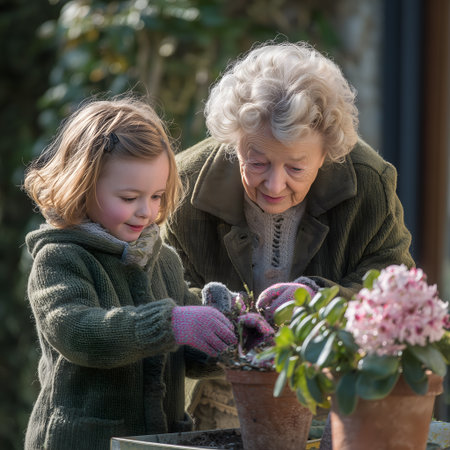 Grandmother and granddaughter planting flowers in the garden. Selective focus.の素材