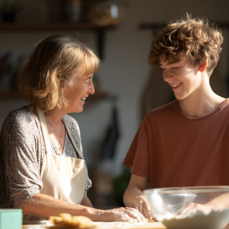 Grandmother and grandson cooking together in the kitchen. Happy family.の素材