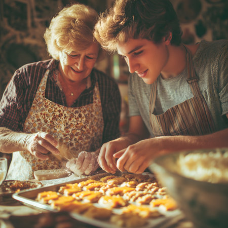 Grandmother and grandson are preparing food in the kitchen. Happy family.の素材