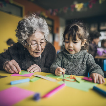 Grandmother and granddaughter making origami at the table in the kindergartenの素材