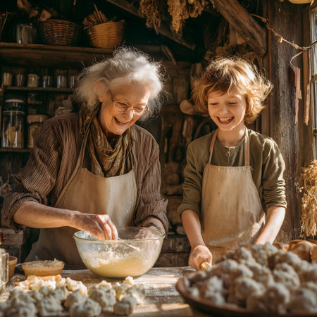 happy grandmother and grandson making dumplings together at table in kitchenの素材