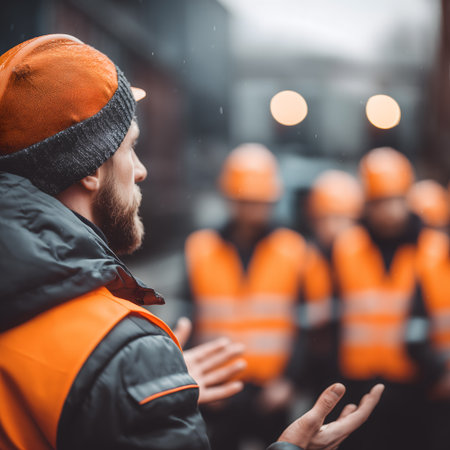 close up view of workers in helmets and orange jackets at construction siteの素材