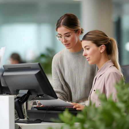 business, education, technology and people concept - smiling businesswoman with computer in officeの素材
