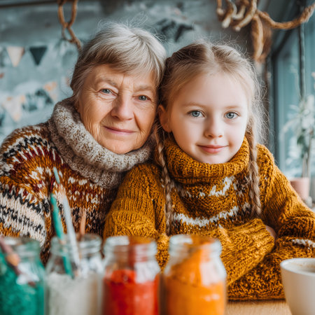 Grandmother and granddaughter in warm sweaters and scarves at home.の素材