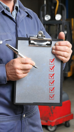 Mechanic holding clipboard with checklist, closeup. Auto service conceptの素材