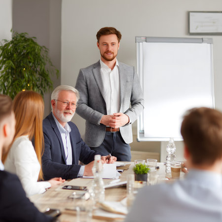 business, people and teamwork concept - smiling businessman making presentation in officeの素材