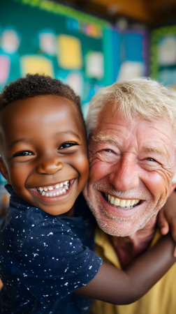 Portrait of smiling grandfather and grandson looking at camera in classroom at schoolの素材