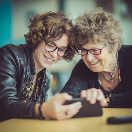 Senior woman with her teenage daughter using a mobile phone in a cafeの素材