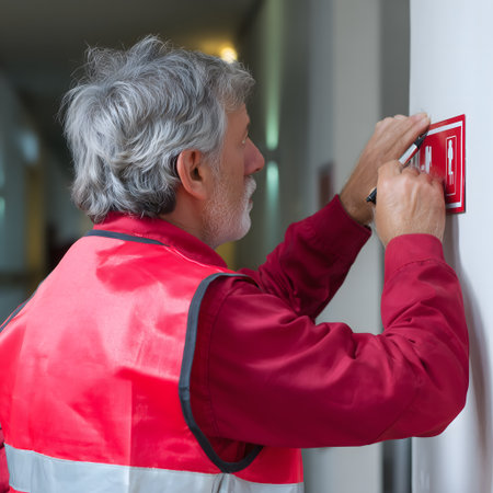 Mature man using fire alarm system in a corridor of a buildingの素材
