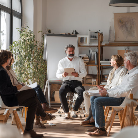 selective focus of mature man holding digital tablet while sitting with colleagues in officeの素材