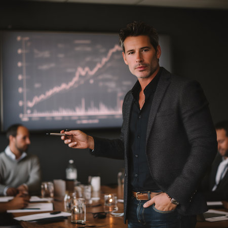 selective focus of handsome businessman holding pen and looking at camera during meeting in conference roomの素材