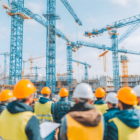 construction site with cranes and workers on blue sky background.の素材