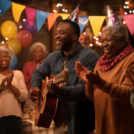 african american man playing guitar and singing with friends at birthday partyの素材