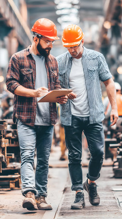 Two male engineers working in the factory. They are checking documents and smiling.の素材
