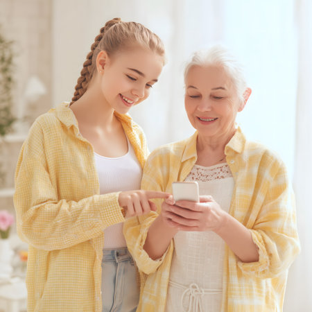 Grandmother and granddaughter are using a smartphone and smiling while standing at homeの素材