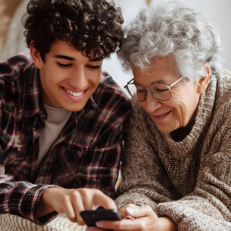 Cheerful senior woman using smartphone with her grandson at home.の素材