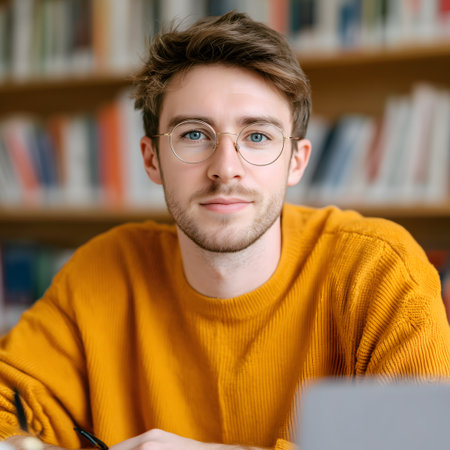 Portrait of a handsome young man in glasses sitting in a libraryの素材