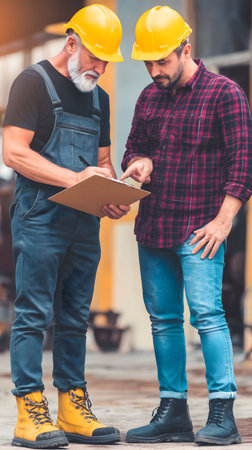 Architect and foreman working together in a construction site. They are checking the documents.の素材