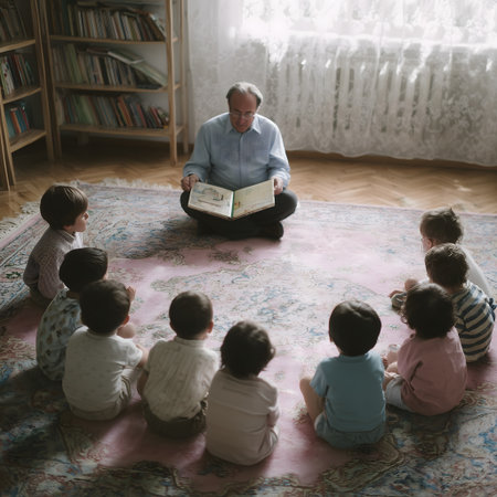 Grandfather reading a book to his grandchildren in the living room.の素材