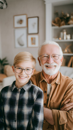 portrait of smiling grandfather and grandson in eyeglasses at homeの素材