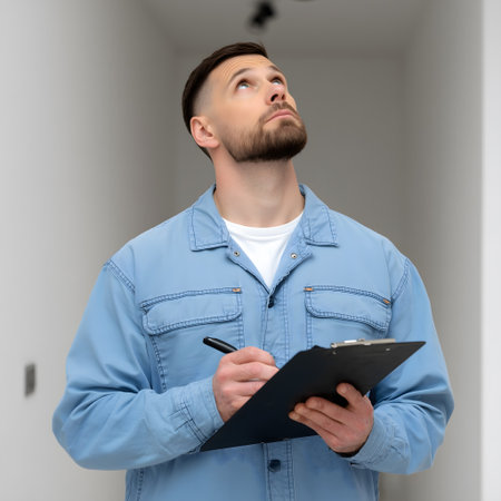 Portrait of a young man with clipboard standing in the room.の素材