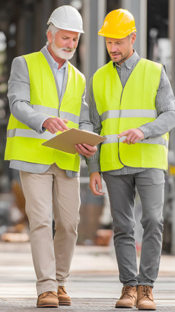 Portrait of two engineers discussing over clipboard at construction site. Focus on manの素材