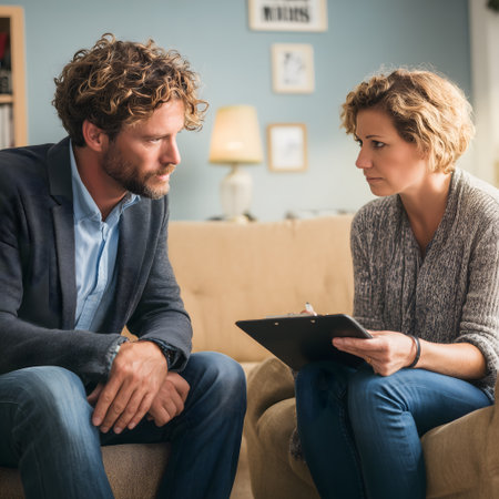 Young couple in their 30s are sitting on a sofa at home and discussing something.の素材