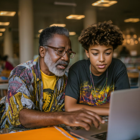 African american father and son using laptop together in the cafe.の素材