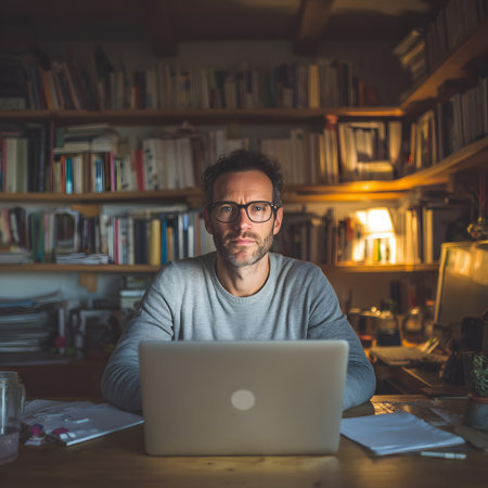 Portrait of man with eyeglasses working on laptop in officeの素材