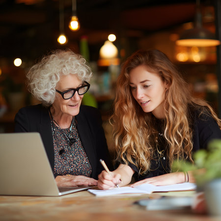 Two businesswomen working together in a cafe. They are sitting at a table with a laptop.の素材