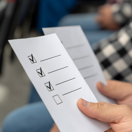 Closeup of a hand holding a paper with a checklist on itの素材