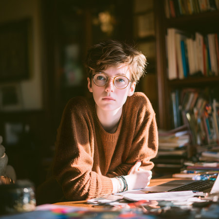 Portrait of a boy in glasses sitting at the table in the libraryの素材