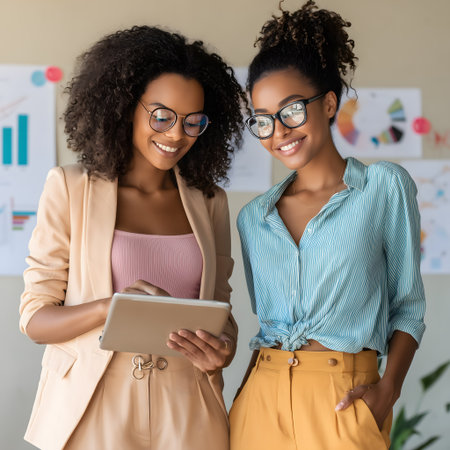 Portrait of two smiling african american businesswomen using digital tablet in officeの素材