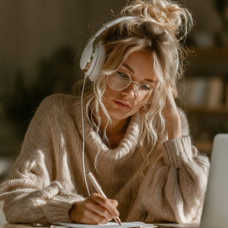 beautiful young woman in headphones writing in notebook and using laptop at homeの素材