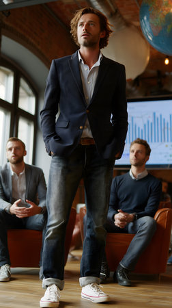 Portrait of a young businessman standing in front of his colleagues in the officeの素材