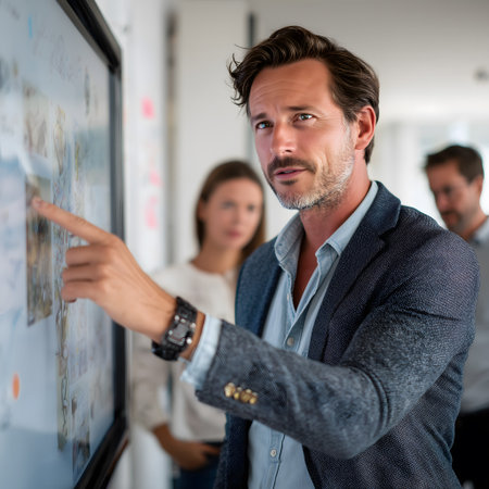 Portrait of a businessman pointing at a flipchart in his officeの素材