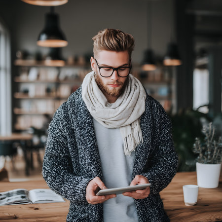 Portrait of a handsome young man in casual clothes and glasses using a digital tablet while sitting in a cafeの素材