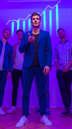 Handsome young man showing thumbs up while standing with colleagues in officeの素材