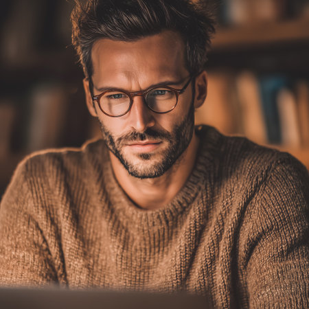 Portrait of handsome young man in eyeglasses using laptop at homeの素材