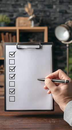 Woman holding clipboard with checklist on wooden table, closeup. Checklist conceptの素材