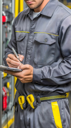 Close-up of worker writing on clipboard in warehouse. Industrial backgroundの素材