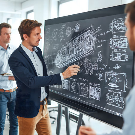 Businessman drawing business plan on a blackboard. Business people working in the office.の素材