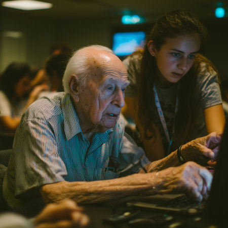 Elderly man with his granddaughter working on laptop computer at nightの素材