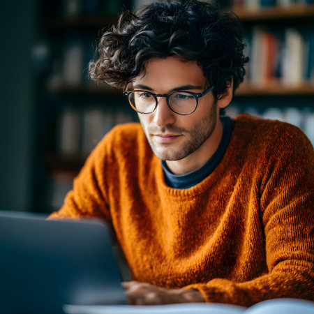 Portrait of a handsome young man working on his laptop at homeの素材