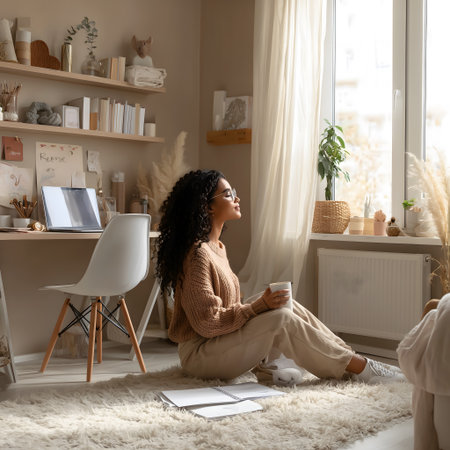 Young african american woman sitting on the floor with a cup of coffee and looking out the window.の素材