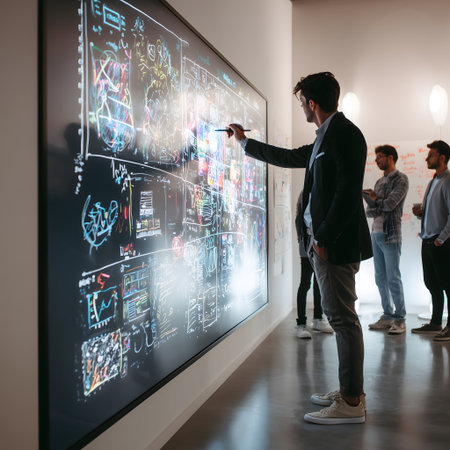 Side view of young man pointing at interactive whiteboard in modern officeの素材