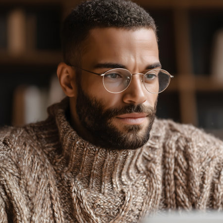 Portrait of a handsome young african american man in eyeglasses looking at camera while working at homeの素材