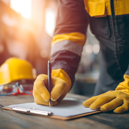Close up of engineer writing on clipboard with pencil in construction site.の素材