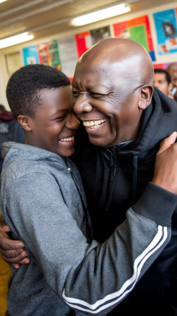 Portrait of smiling father and son embracing each other in corridor at schoolの素材