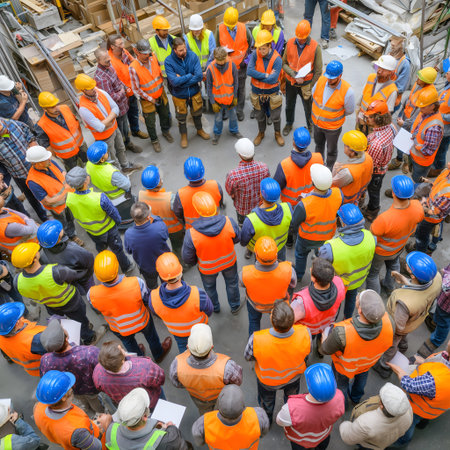 Large construction worker group meeting circle hardhats vests teamwork industrialの素材